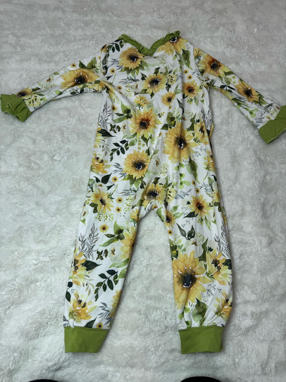 Sunflower Ruffle Front Footie One-Piece in Green and Yellow - Picture 4 of 4